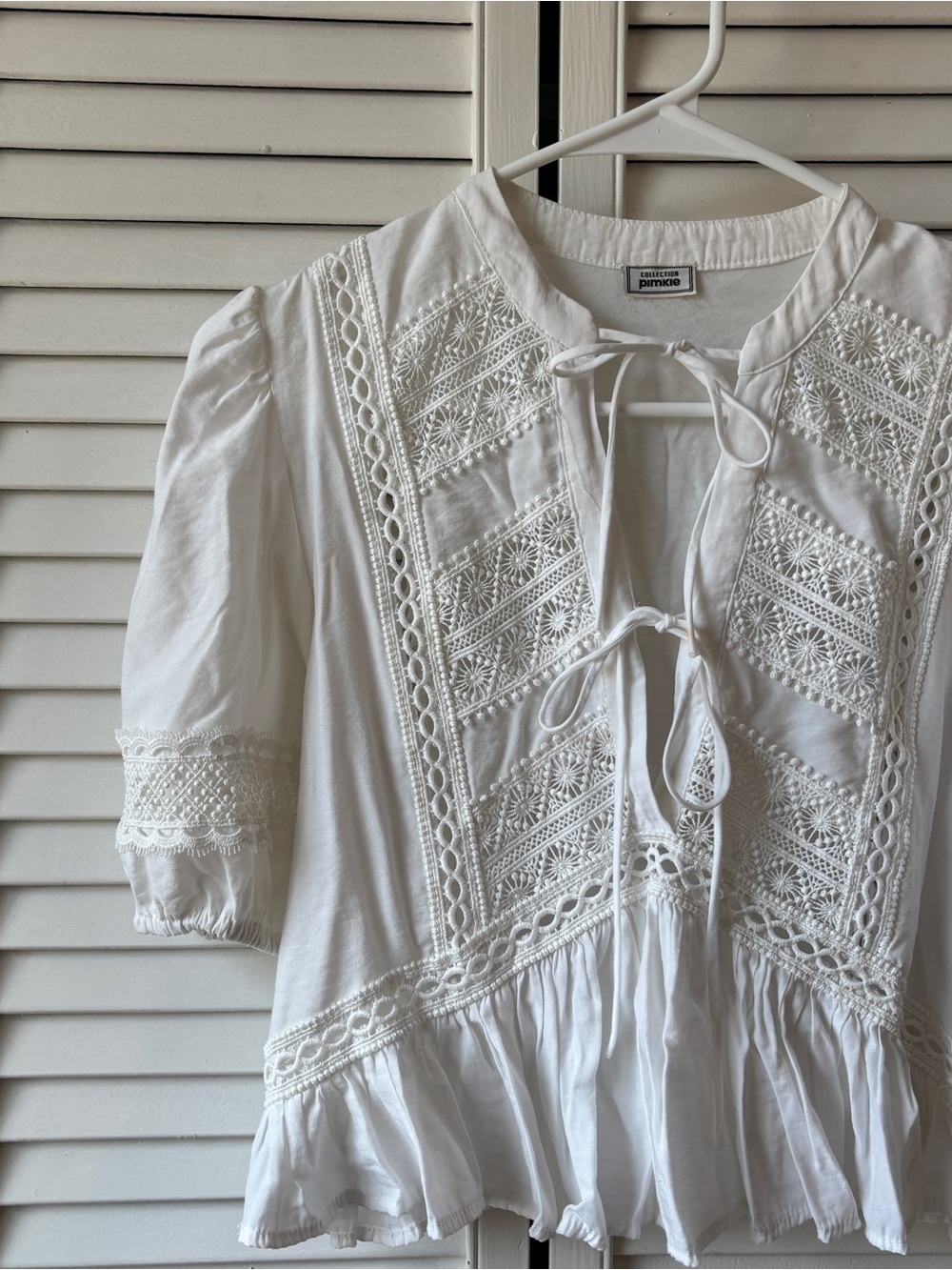 White Embroidered Tie-Front Peasant Blouse